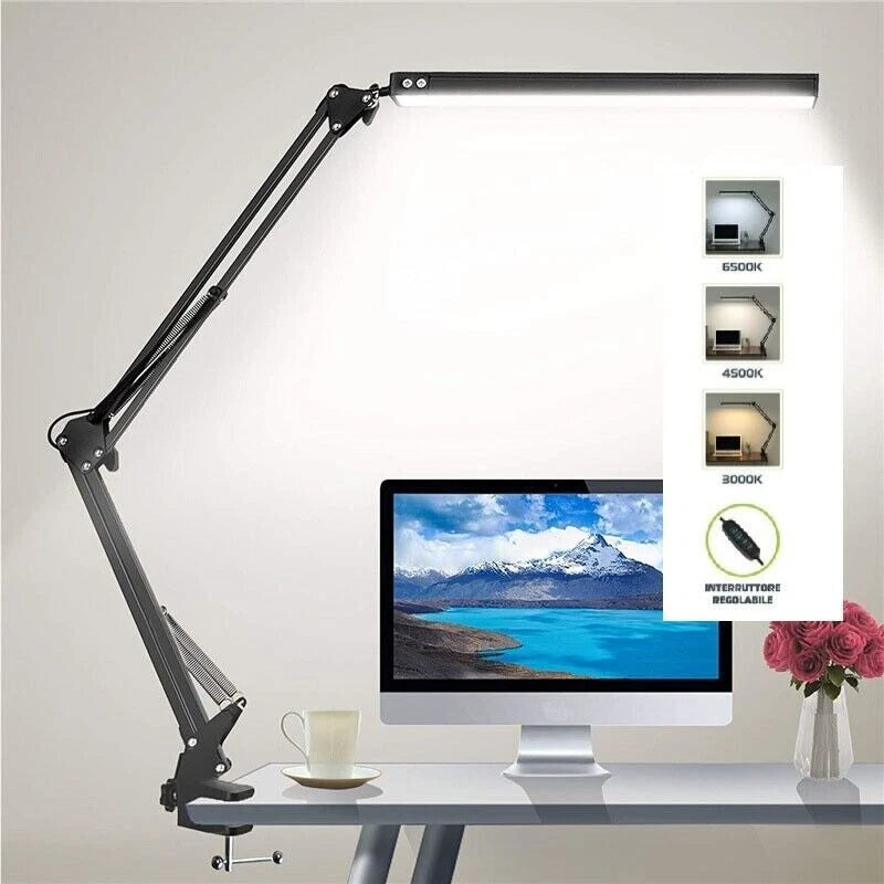 Lampada led da tavolo scrivania braccio pieghevole con morsetto dimmerabile 12w