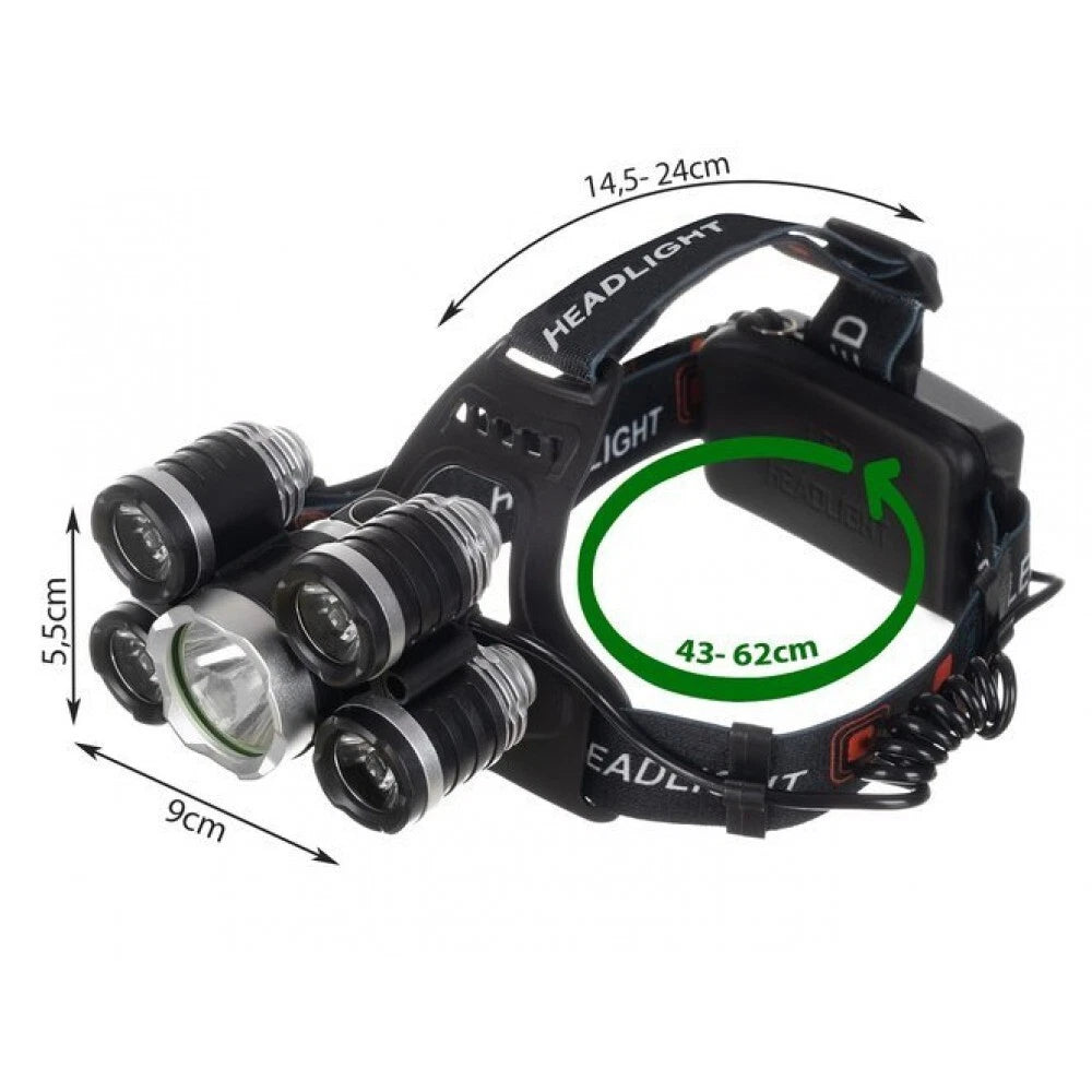 Lampada frontale 5 led torcia ricaricabile pile auto torcia da testa sport pesca